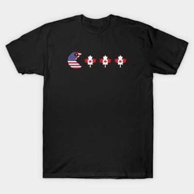 Black t-shirt with playful USA and Canada flag graphics, casual wear, cotton material, unisex design.