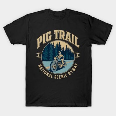 Black "Pig Trail" t-shirt, vintage motorcycle graphic, scenic byway design, casual cotton wear, unisex fit.