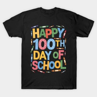 Black T-shirt with colorful "Happy 100th Day of School" print, perfect for school celebrations and casual wear.