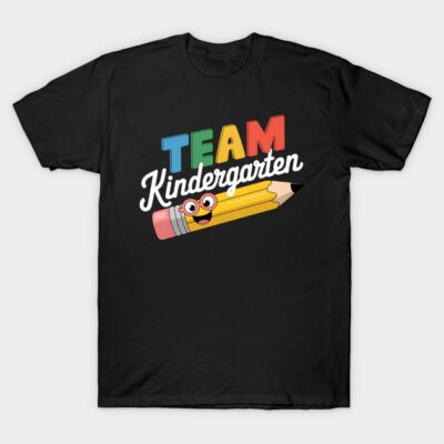 Black "Team Kindergarten" T-shirt with colorful text and pencil graphic, perfect for early education teachers.