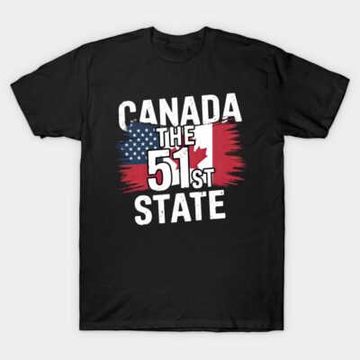 Black T-shirt with "Canada the 51st State" graphic, featuring Canadian and American flag elements, casual style.