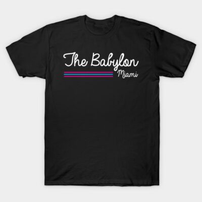 Black cotton T-shirt with "The Babylon Miami" text, casual style, suitable for everyday wear.