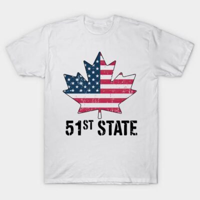 White T-shirt with American flag maple leaf design and "51st State" text, cotton fabric, casual wear.