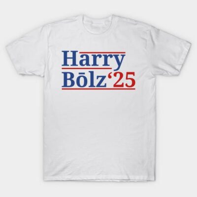 White cotton T-shirt with "Harry Bōlz '25" text in blue and red, casual style, perfect for everyday wear.