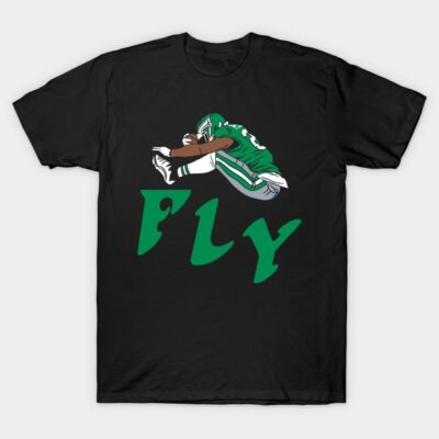 Black t-shirt with green football player graphic and "Fly" text, casual sportswear, cotton material.