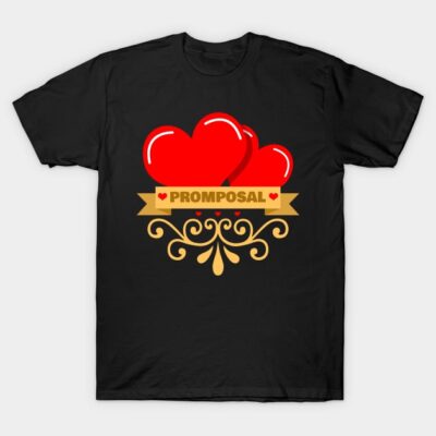 Black t-shirt with red heart design and "Promposal" text, perfect for prom proposals, casual wear, cotton material.
