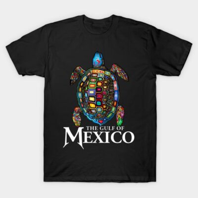 Black t-shirt with colorful turtle design and "The Gulf of Mexico" text, perfect for casual wear and nature enthusiasts.