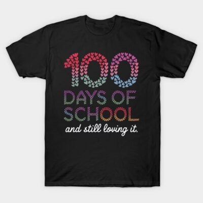 Black "100 Days of School" t-shirt with colorful text and heart design, perfect for school celebrations and events.