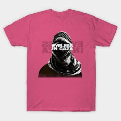 Pink graphic t-shirt featuring "Eyeless in Gaza" text and artistic design, casual style, 100% cotton material.
