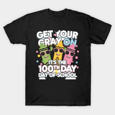 Black t-shirt with colorful crayon design and "100th Day of School" text, perfect for school celebrations.