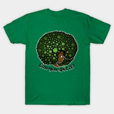 Green t-shirt with clover afro design, "Can you spot it?" text, casual wear, cotton material, unisex style.