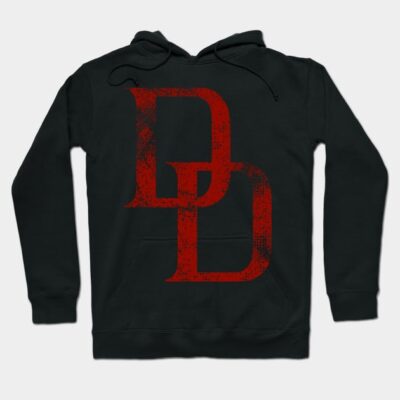 Black hoodie with distressed red DD logo, casual style, cotton material, perfect for everyday wear.