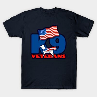 Navy blue K9 Veterans T-shirt with American flag design, casual cotton tee for patriotic occasions.