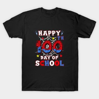 Black T-shirt with "Happy 100th Day of School" design, featuring colorful comic-style graphics and web elements.