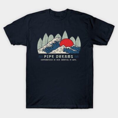 Navy blue graphic t-shirt featuring wave and sun design with surfboard elements, made of 100% cotton.