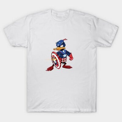 White t-shirt featuring a cartoon duck superhero with blue and red costume, ideal for casual wear, 100% cotton.