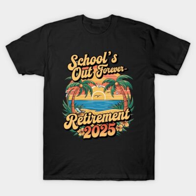 Black retirement 2025 t-shirt with tropical sunset design, palm trees, and "School's Out Forever" text. Cotton material.