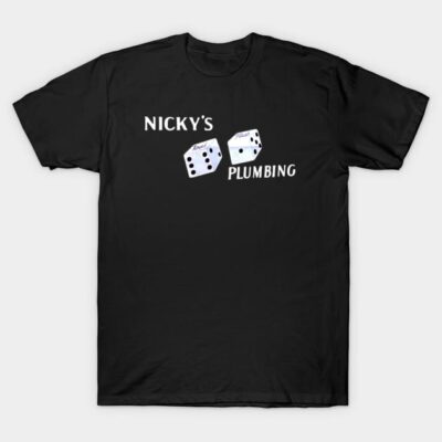 Black t-shirt with "Nicky's Plumbing" dice graphic, casual style, cotton material, perfect for everyday wear.