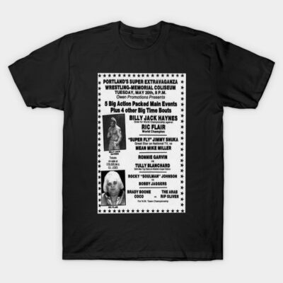 Black vintage style wrestling event graphic t-shirt, featuring classic match poster design. Cotton material, unisex fit.