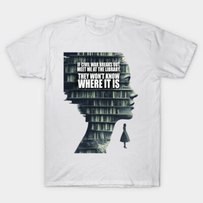 White t-shirt with silhouette library design and text "Meet me at the library" for book lovers.