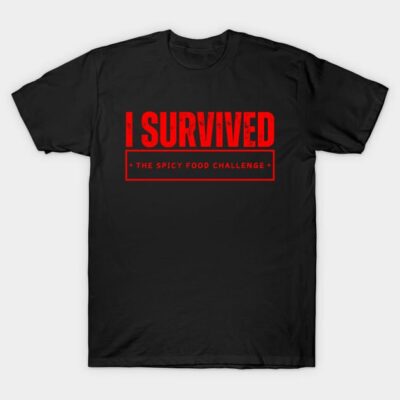 Black novelty t-shirt with red "I Survived the Spicy Food Challenge" text, casual style, unisex cotton fabric.