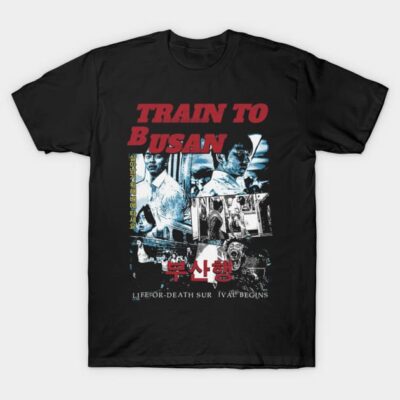 "Black Train to Busan graphic t-shirt, vintage style, cotton material, casual wear for movie enthusiasts."