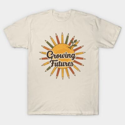 Beige t-shirt with "Growing Futures" print, colorful pencil sun design, casual cotton apparel for everyday wear.