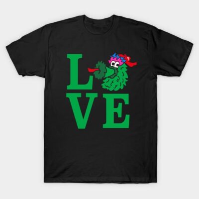 Black t-shirt with green "LOVE" text and playful graphic design, perfect for casual wear.