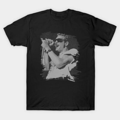 Black graphic t-shirt with vintage-style print of a singer in sunglasses, ideal for casual wear. 100% cotton material.