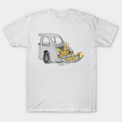 White t-shirt with vintage car graphic, loaded with groceries. Casual style, comfortable cotton material, ideal for daily wear.
