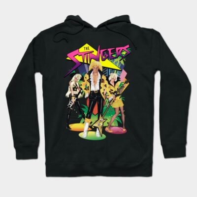 Black hoodie featuring colorful retro band graphic design, perfect for casual wear. Soft cotton blend material.