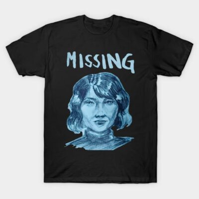 Black graphic T-shirt with blue "Missing" text and portrait design, casual wear, cotton material.