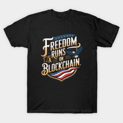 Black "Freedom Runs on Blockchain" t-shirt with patriotic design, ideal for casual wear, made of soft cotton fabric.