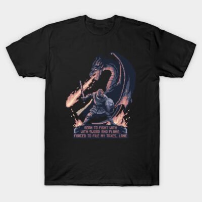 Black T-shirt featuring a medieval knight and dragon graphic, humorous text, cotton material, casual style.