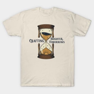 Cream t-shirt with hourglass graphic and "Crafting Brighter Tomorrows" text, casual style, cotton material.