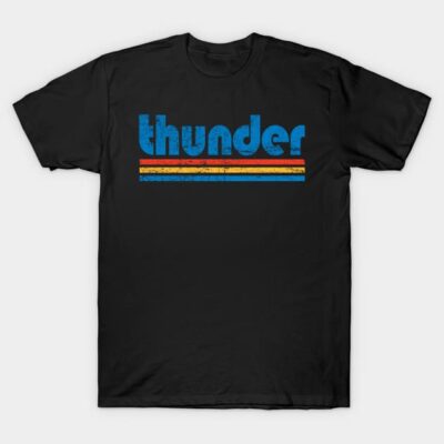 Black t-shirt with blue "thunder" text and colorful stripes, casual style, perfect for everyday wear.