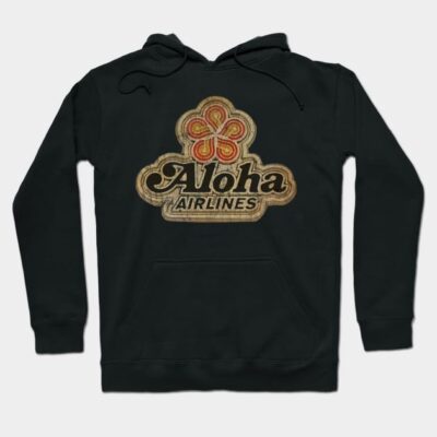 Black hoodie with vintage "Aloha Airlines" logo, featuring floral design. Perfect for casual wear and travel.