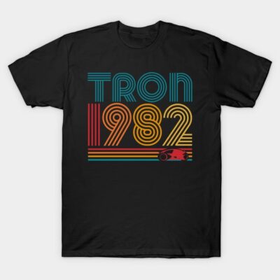 Black retro graphic t-shirt featuring "Tron 1982" text design, ideal for casual wear, cotton material.