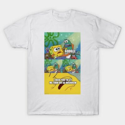 White cotton t-shirt with colorful cartoon meme print, casual wear, humorous design for everyday use.