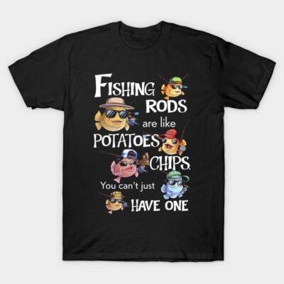Black t-shirt with colorful cartoon fish and humorous fishing quote, perfect for casual wear and fishing enthusiasts.