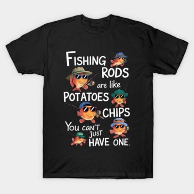 Black t-shirt with colorful fish and playful fishing-themed text design, perfect for casual wear.