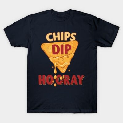 Black t-shirt with "Chips Dip Hooray" slogan, featuring cheese nacho graphic. Fun, casual wear for snack lovers.