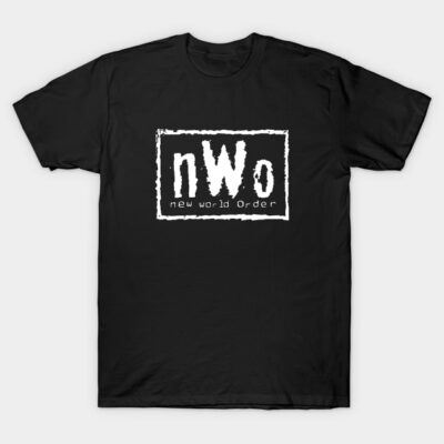 Black T-shirt with "nWo" white graphic, casual style, soft cotton material, perfect for everyday wear.