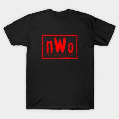 Black cotton T-shirt with red "nWo" graphic print, casual style, suitable for everyday wear.