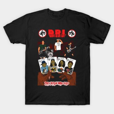 Black graphic t-shirt featuring band-themed design with red and white accents, ideal for casual wear and music fans.
