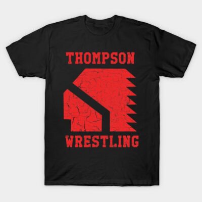 Black T-shirt with red graphic design and "Thompson Wrestling" text, casual sportswear, cotton fabric.