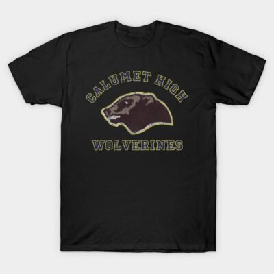 Black vintage-style t-shirt featuring "Calumet High Wolverines" graphic with wolverine head design. Cotton material.