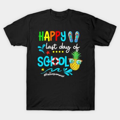 Black "Happy Last Day of School" T-shirt with colorful summer-themed graphics, perfect for end-of-school celebrations.