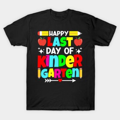 Black "Happy Last Day of Kindergarten" T-shirt with colorful text and playful design, perfect for school celebrations.