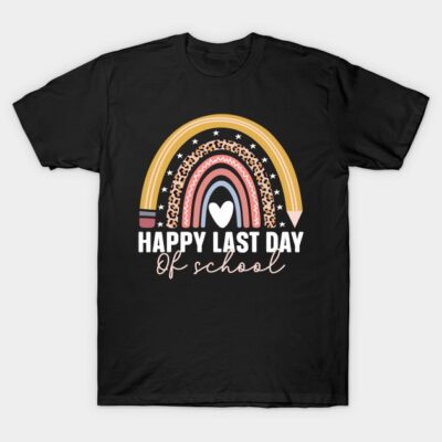Black t-shirt with colorful rainbow design and "Happy Last Day of School" text, perfect for school celebrations.